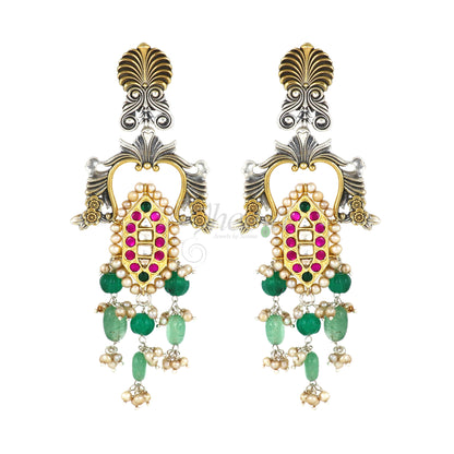Long Dangling Kundan with Green Beads Earrings image 2