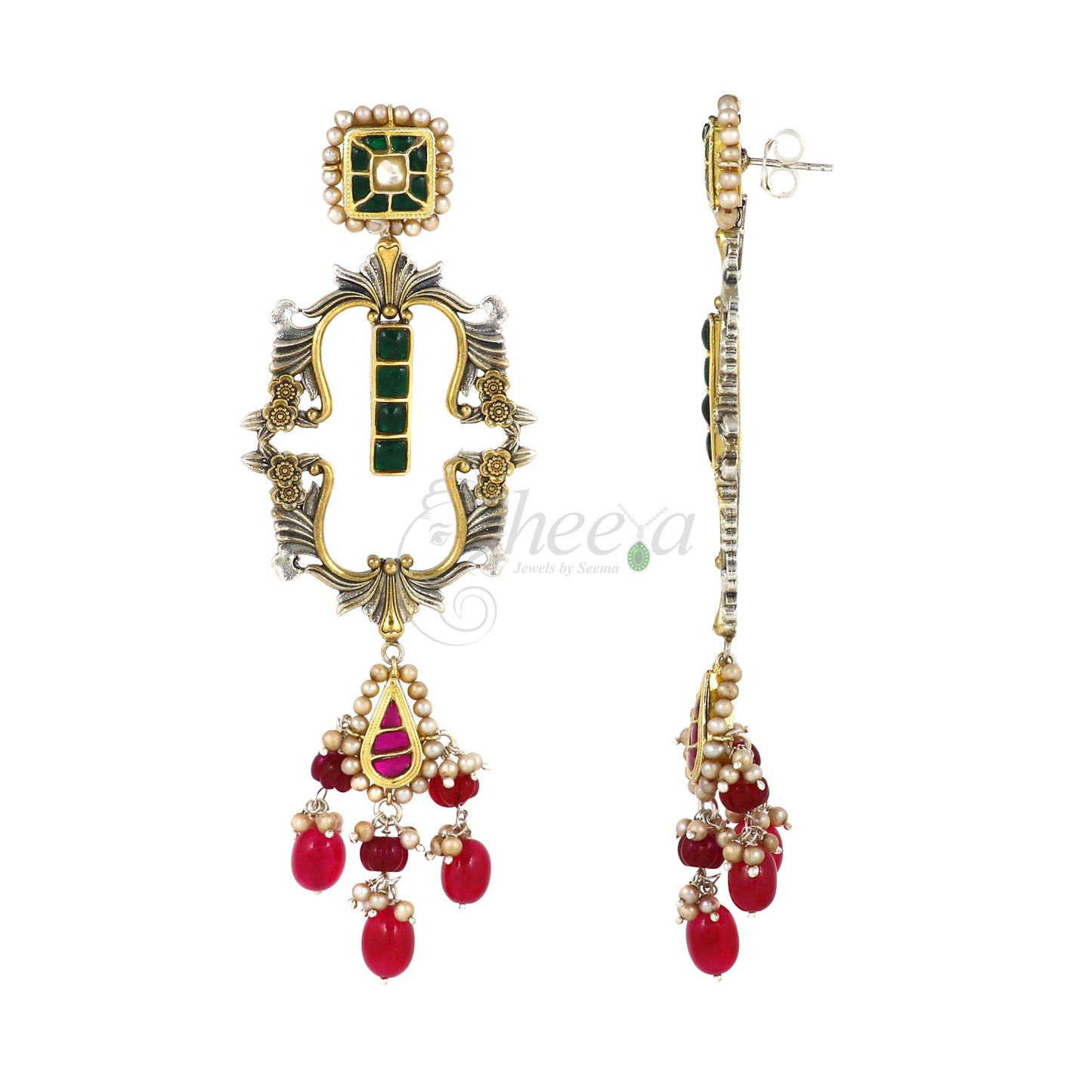Red & Green Kundan Dangler Earrings image 3