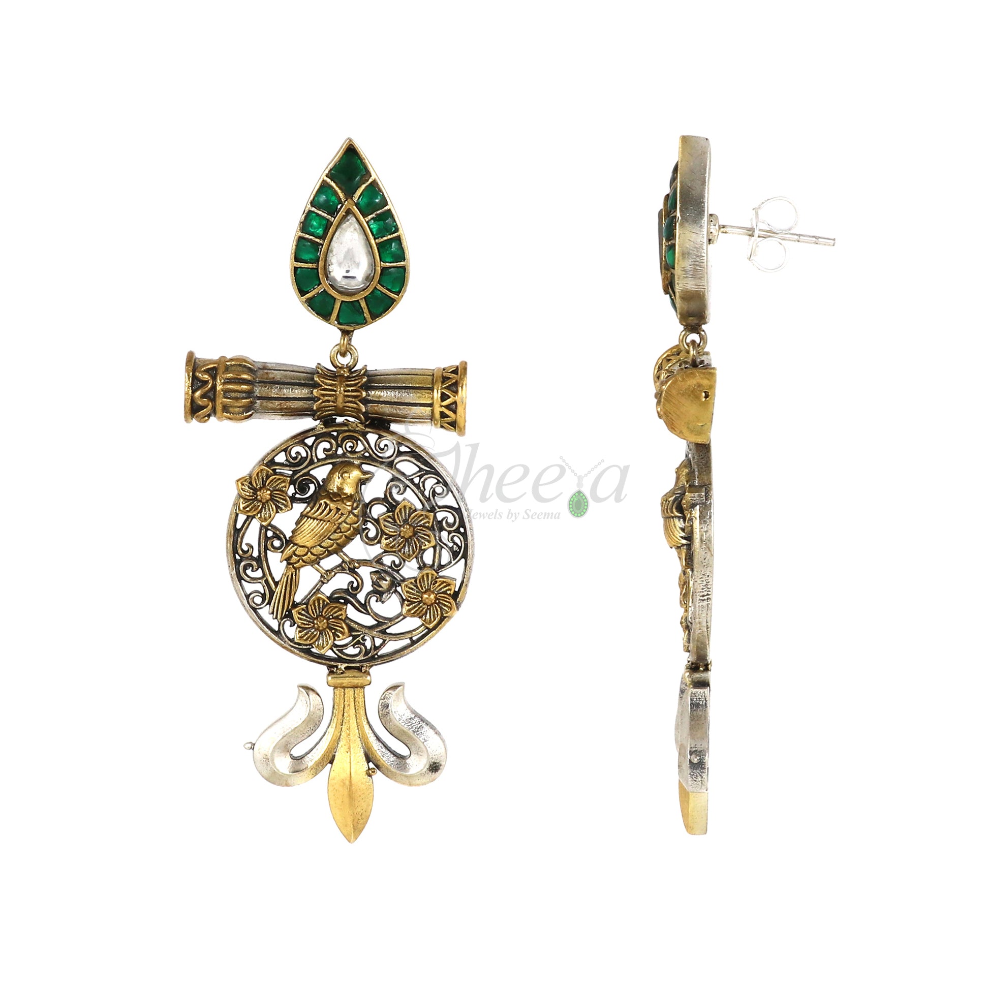 Green Kundan with Filigree Work Earring image 3