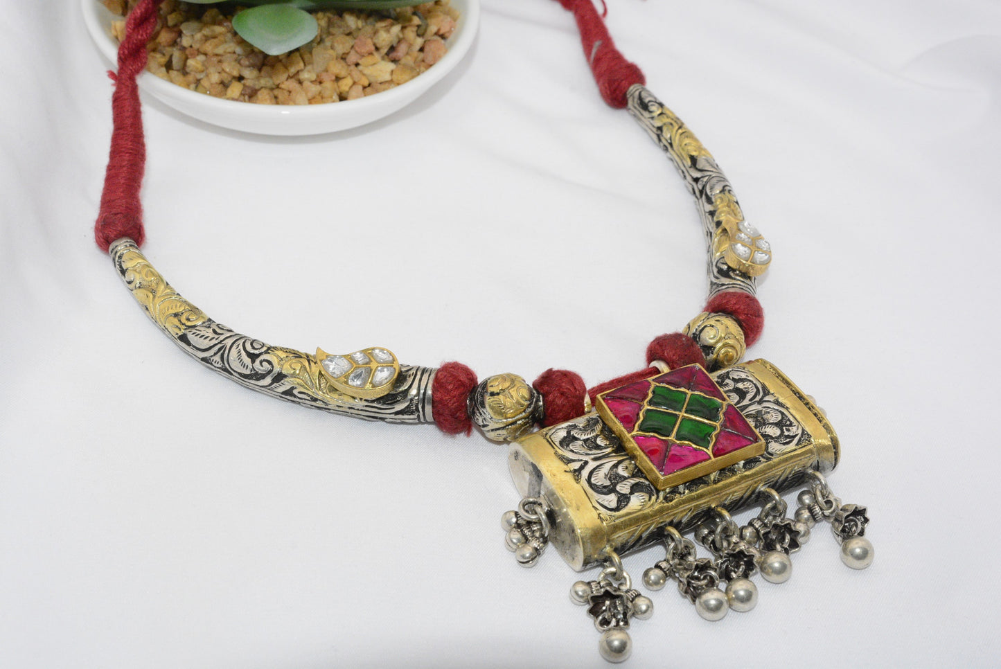 Bohemian Silver Pendant Necklace with Red Accents image 0