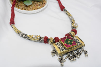 Bohemian Silver Pendant Necklace with Red Accents image 0