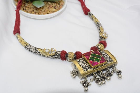 Bohemian Silver Pendant Necklace with Red Accents image 0