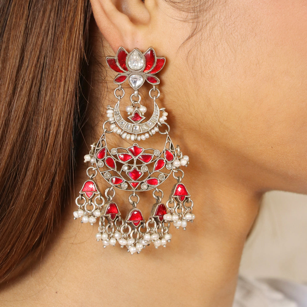 White and Red Chandelier Drop Earrings image 1