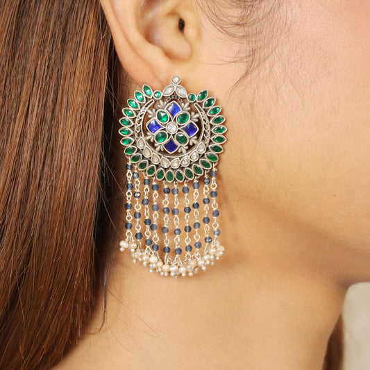 Peacock Colour Kundan with Rain Drop Pearl Earring image 0