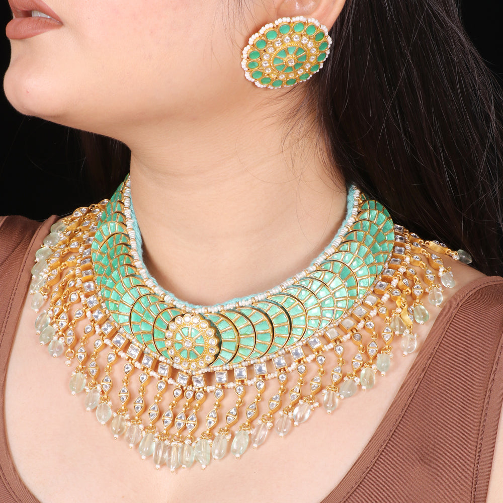 Royal Tussi Necklace with green kundans image 0