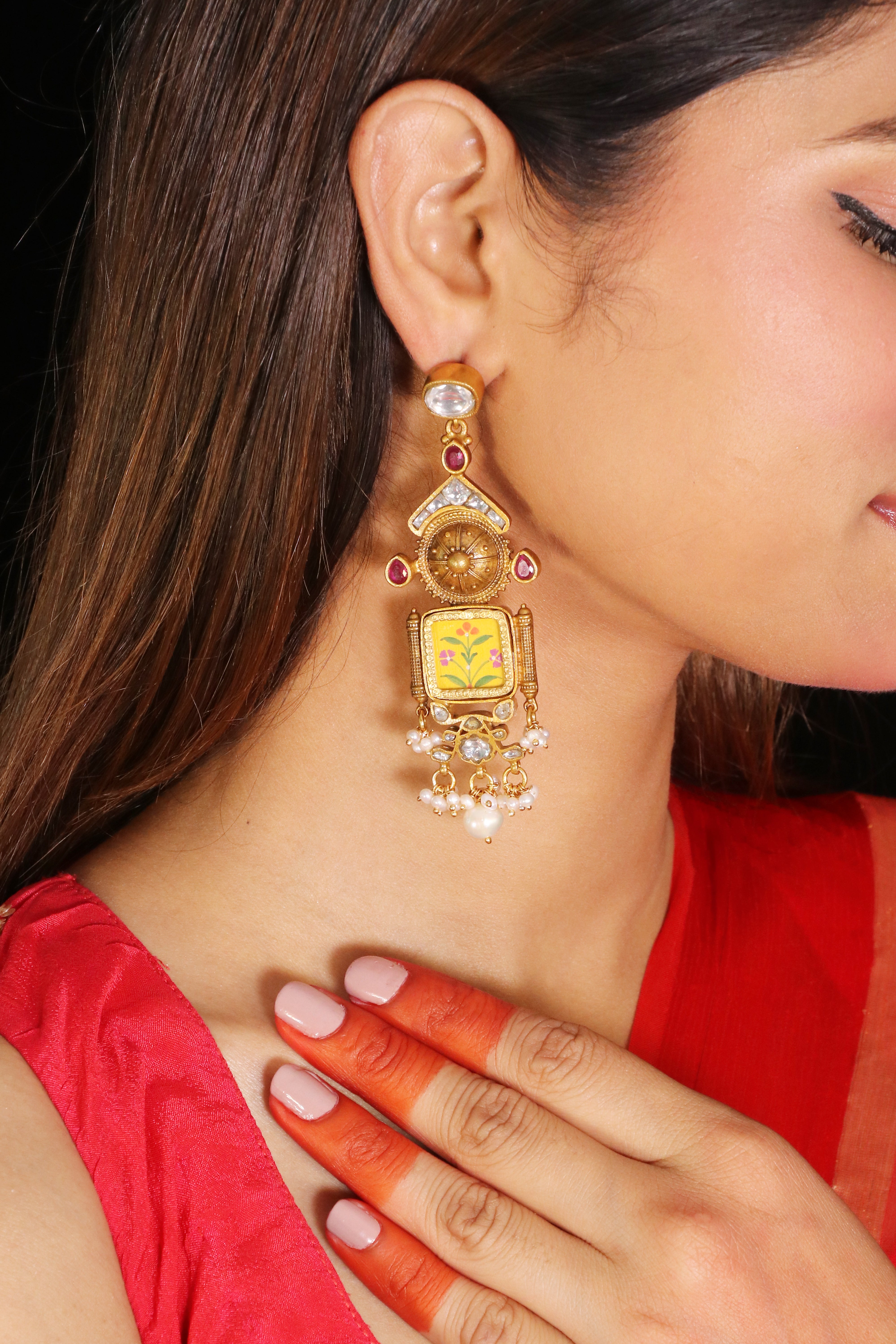 Meheriya Yellow handpainted Earrings with kundan image 0