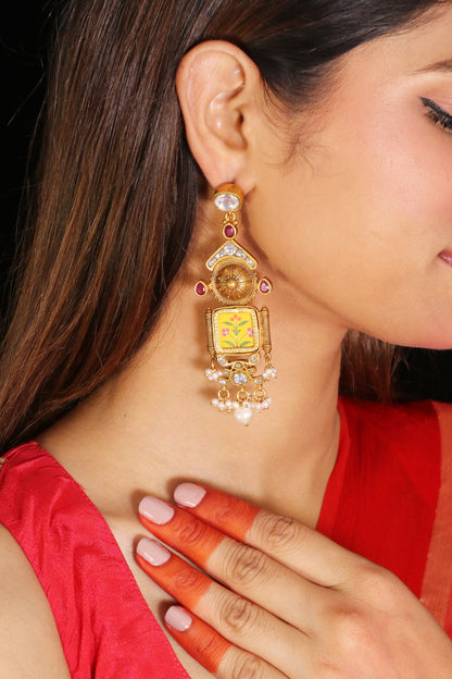 Meheriya Yellow handpainted Earrings with kundan image 0