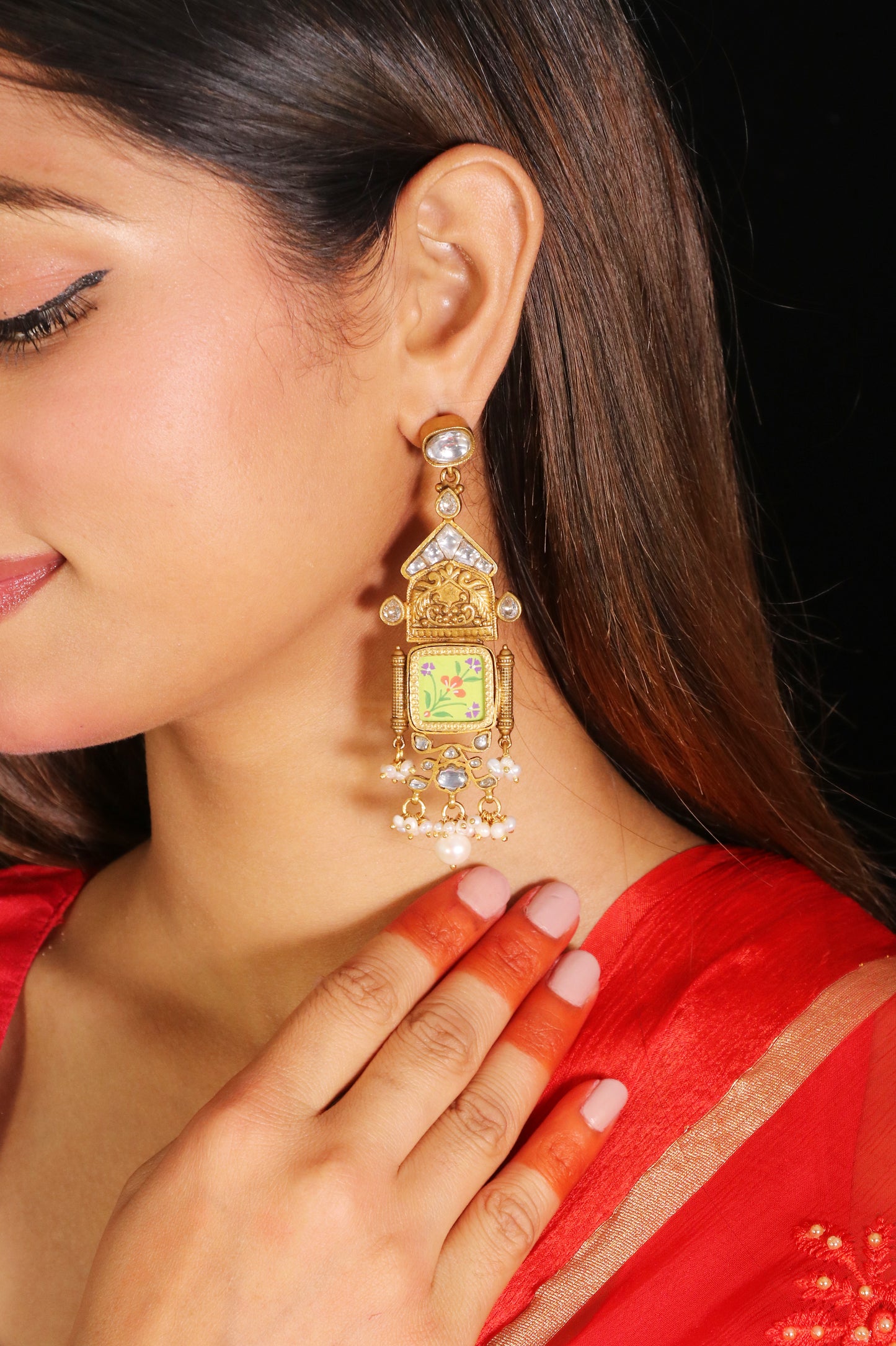Meheriya Green handpainted Kundan earrings image 1