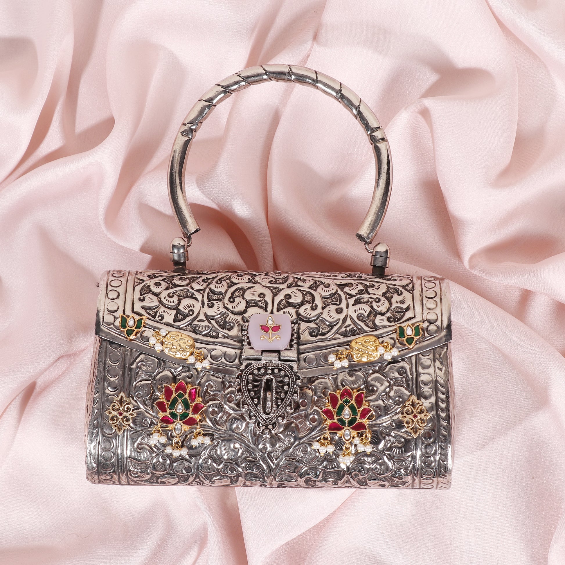 Silver Finish bag with Rose quartz image 1