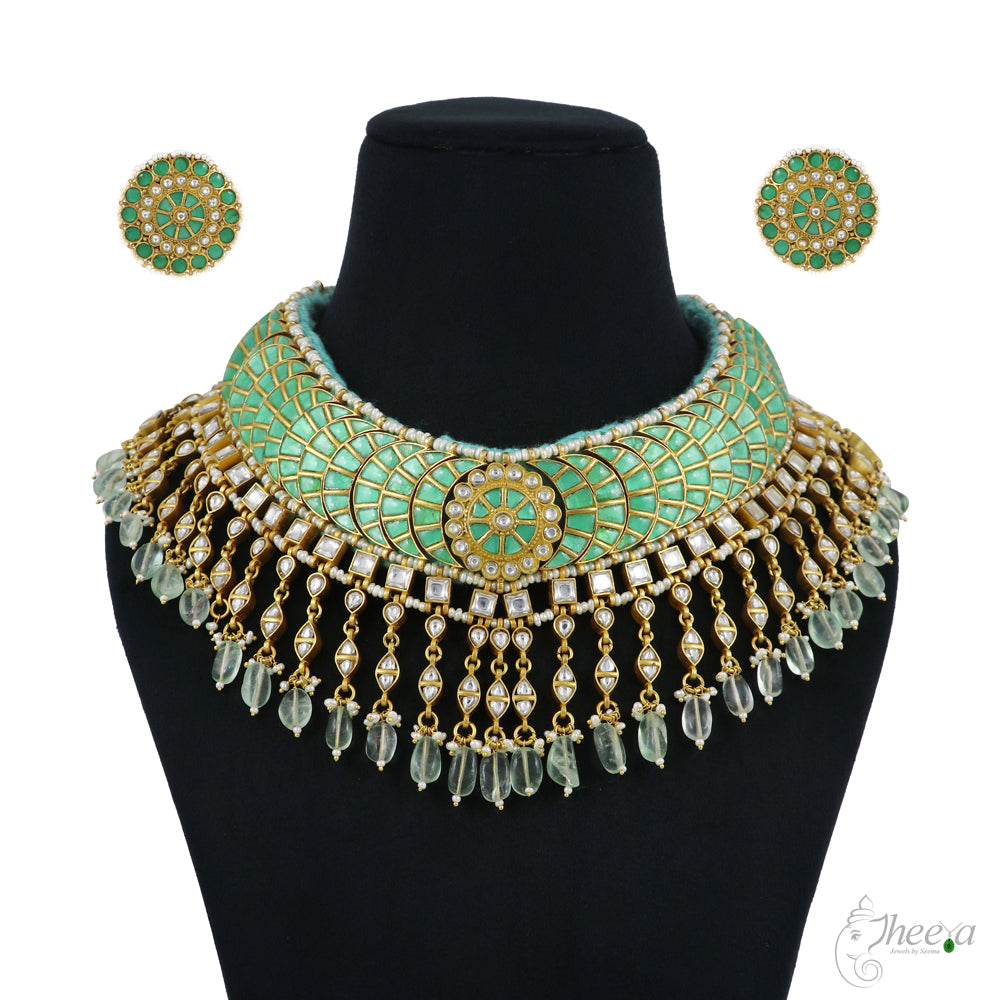 Royal Tussi Necklace with green kundans image 1