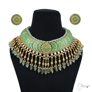 Royal Tussi Necklace with green kundans image 1