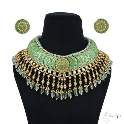 Royal Tussi Necklace with green kundans image 1
