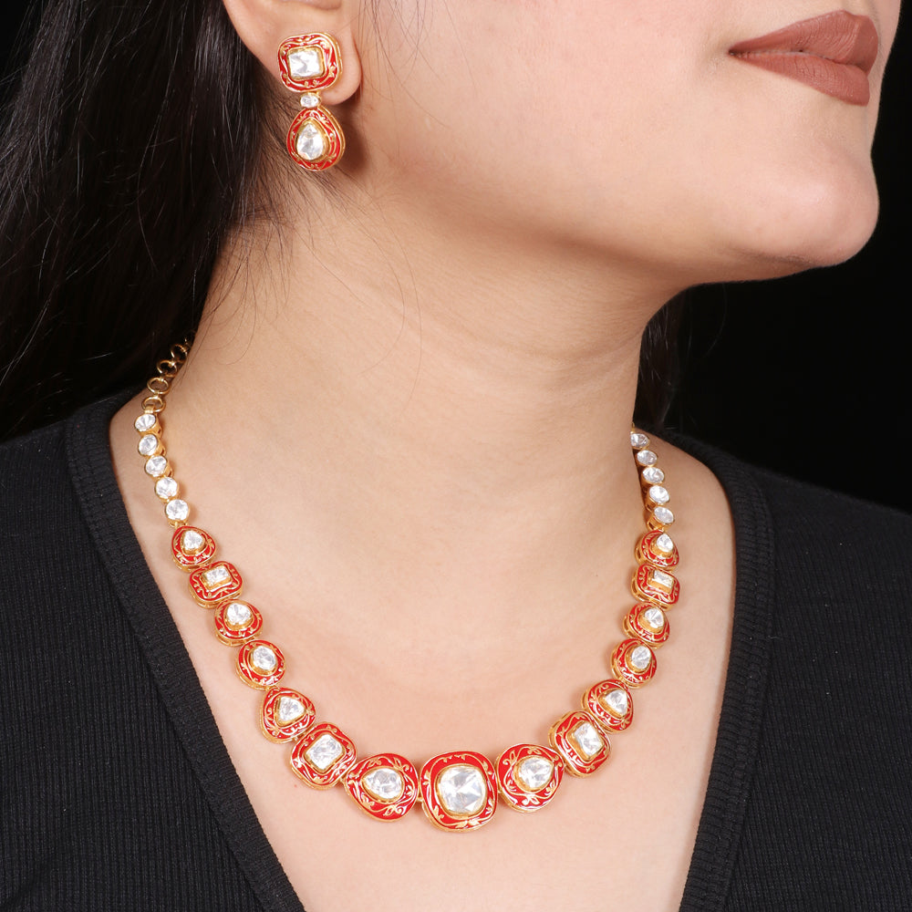 Ratnavalli Red Meenakari Necklace Set image 0