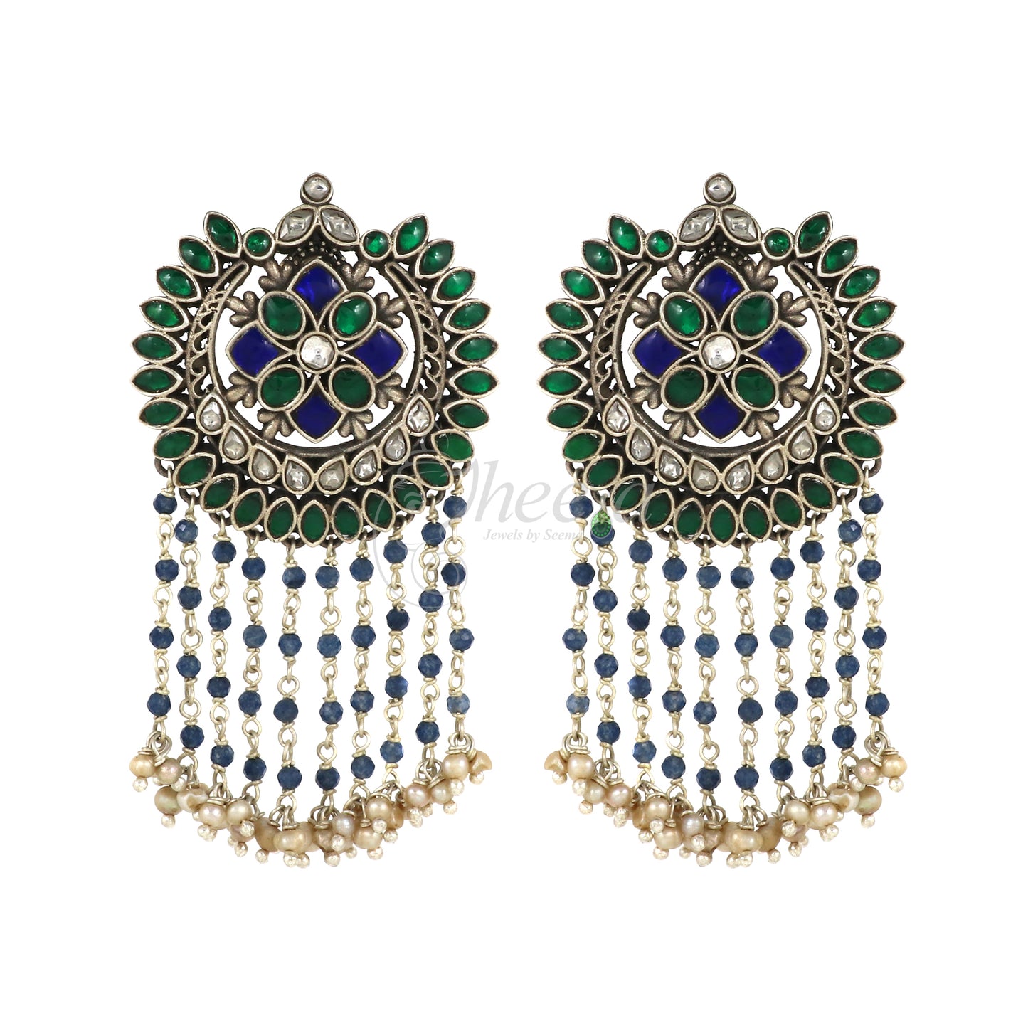 Peacock Colour Kundan with Rain Drop Pearl Earring image 3