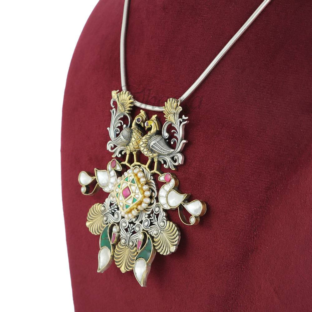 Peacock Pendant with Jadao Kundan image 1