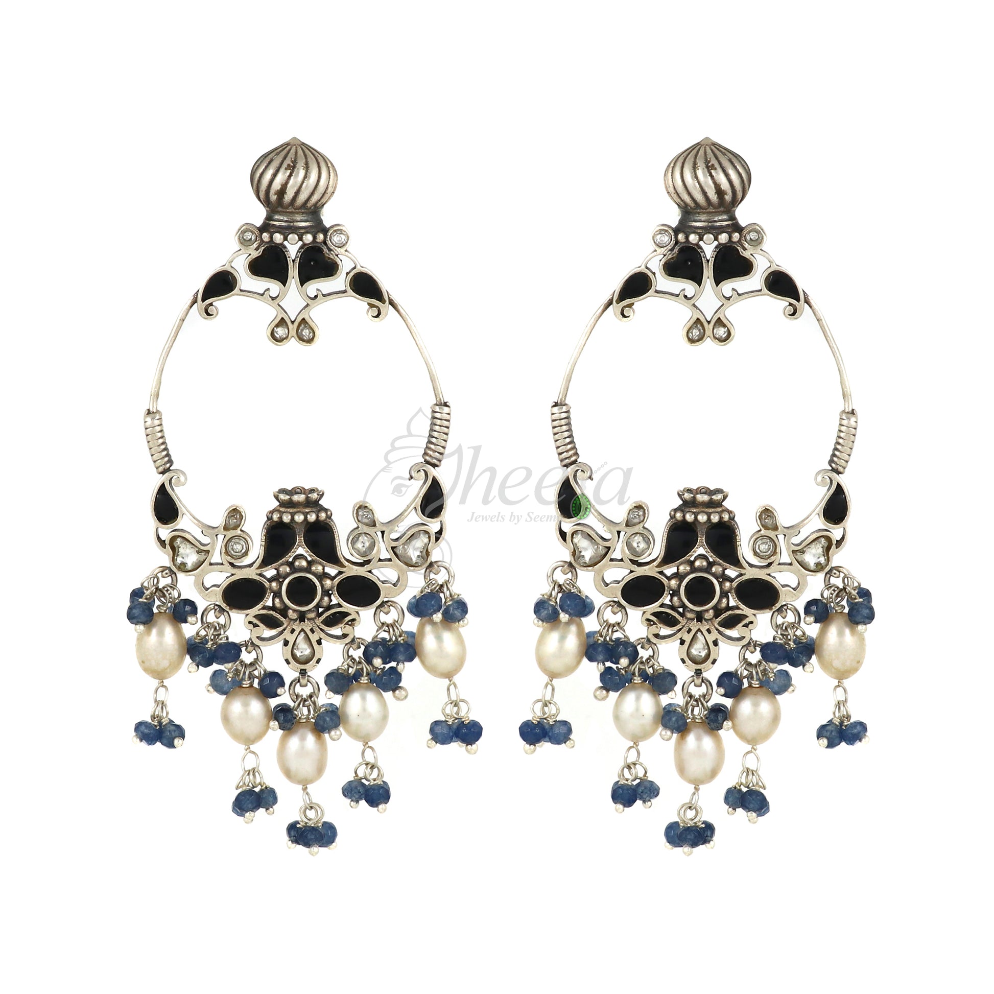Blue and White Dangler with Pearl Drops Earrings image 3