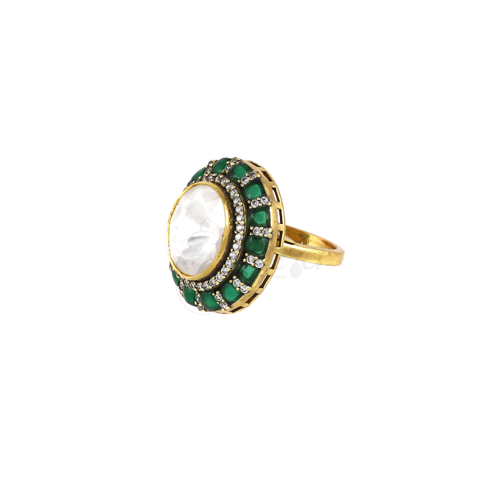 Big Moissanite with Green Kundan Ring image 2