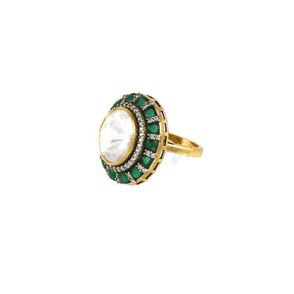 Big Moissanite with Green Kundan Ring image 2