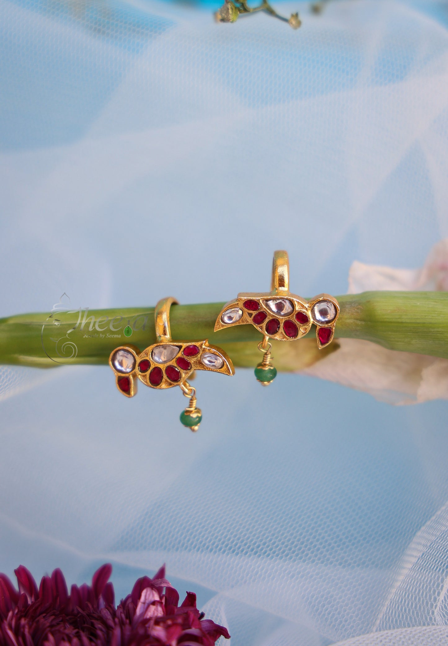 Red Jadao kundan bird with green drop Bugadi