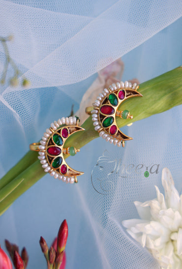 Multi color half moon bugadi with green bead