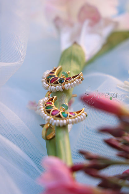 Multi color half moon bugadi with green bead