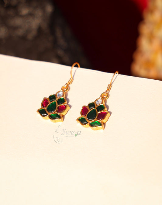 Red and green kundan lotus earring