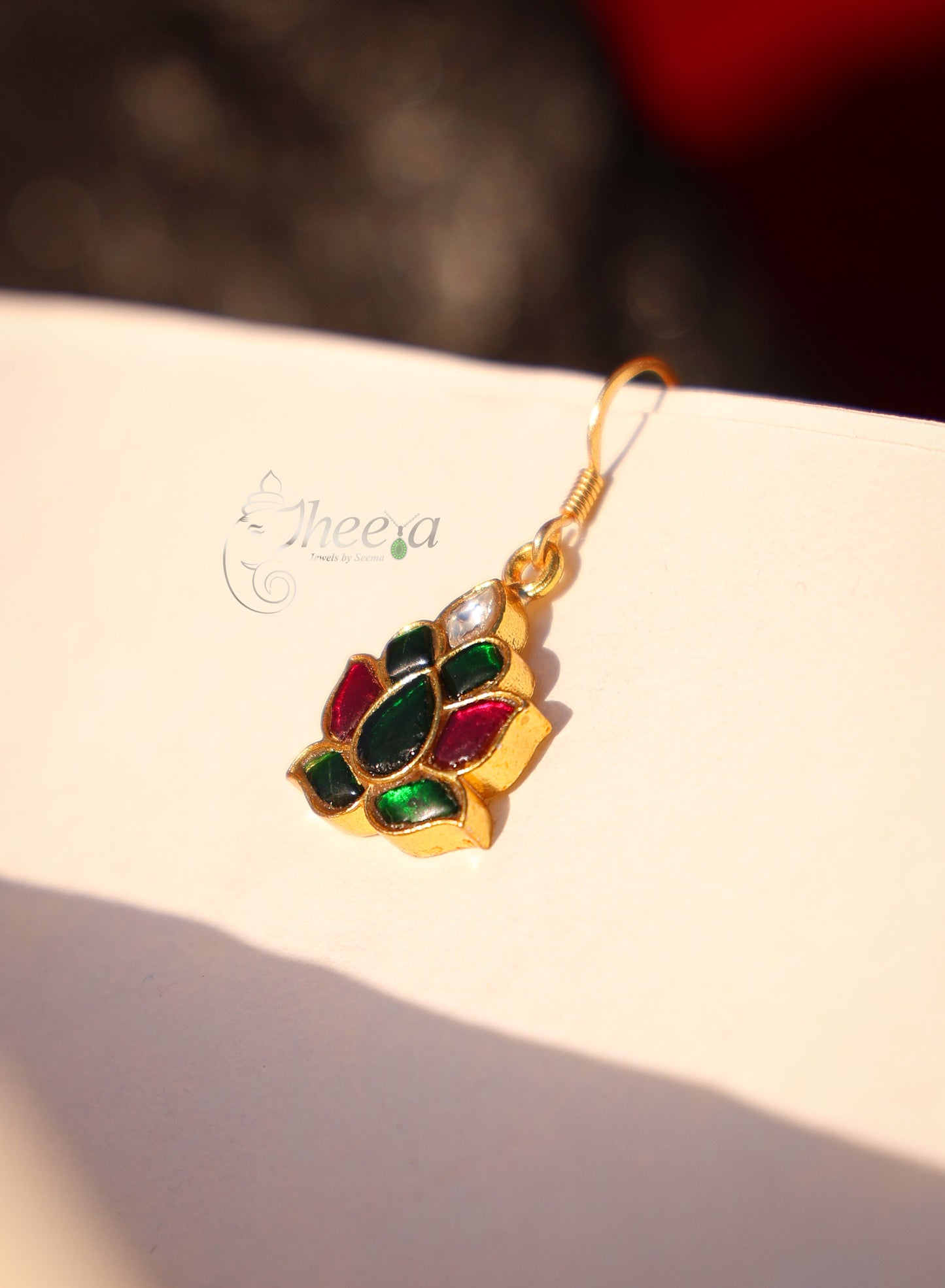 Red and green kundan lotus earring