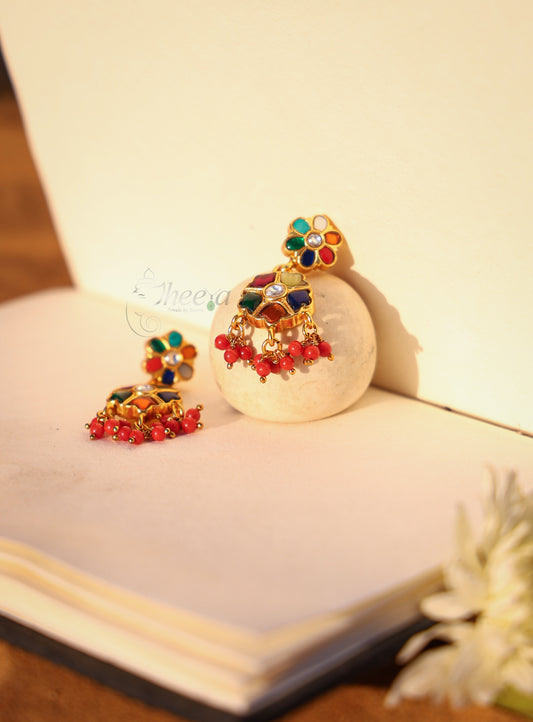 Multi Color Jadao Kundan flower Drop earrings