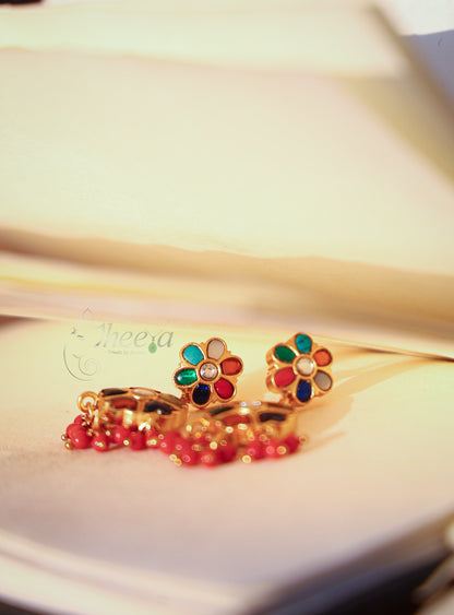 Multi Color Jadao Kundan flower Drop earrings