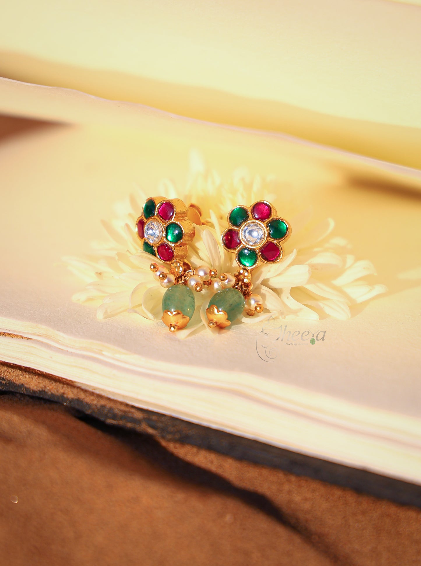 Red green stud with green bead drop