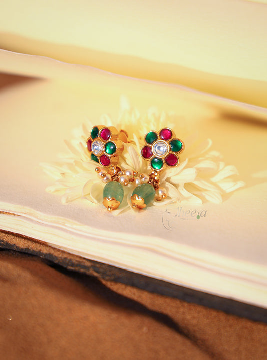 Red green stud with green bead drop