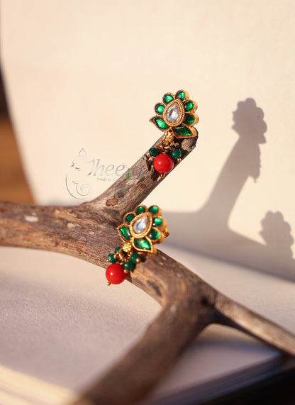 Jadao Green kundan  stud with coral Drop