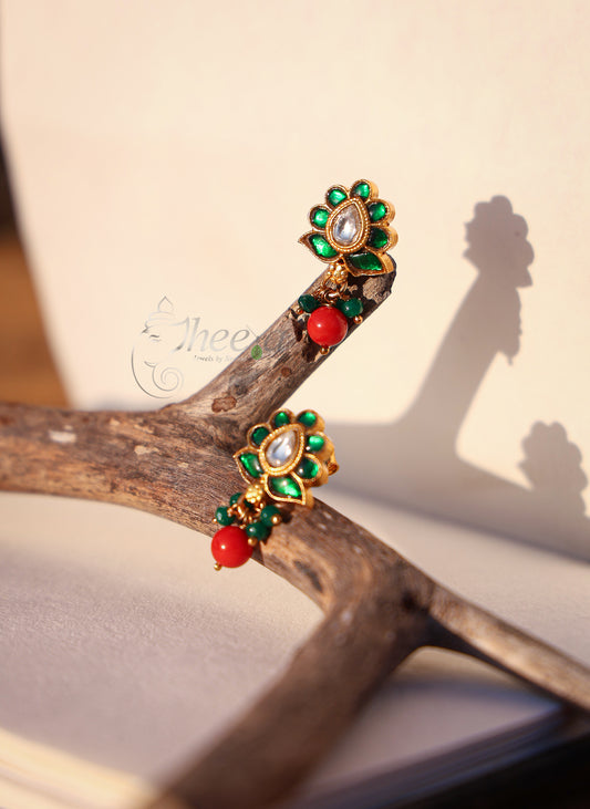 Jadao Green kundan  stud with coral Drop