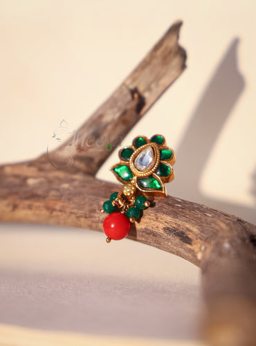 Jadao Green kundan  stud with coral Drop