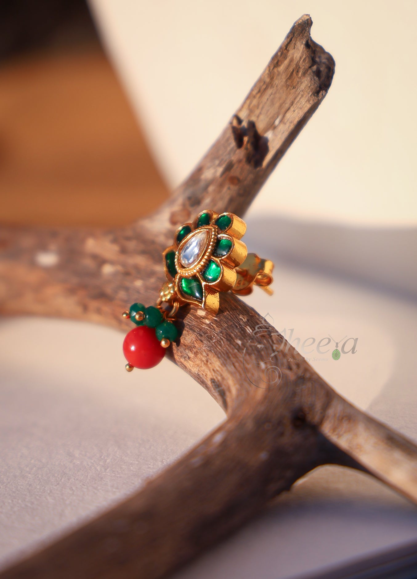 Jadao Green kundan  stud with coral Drop