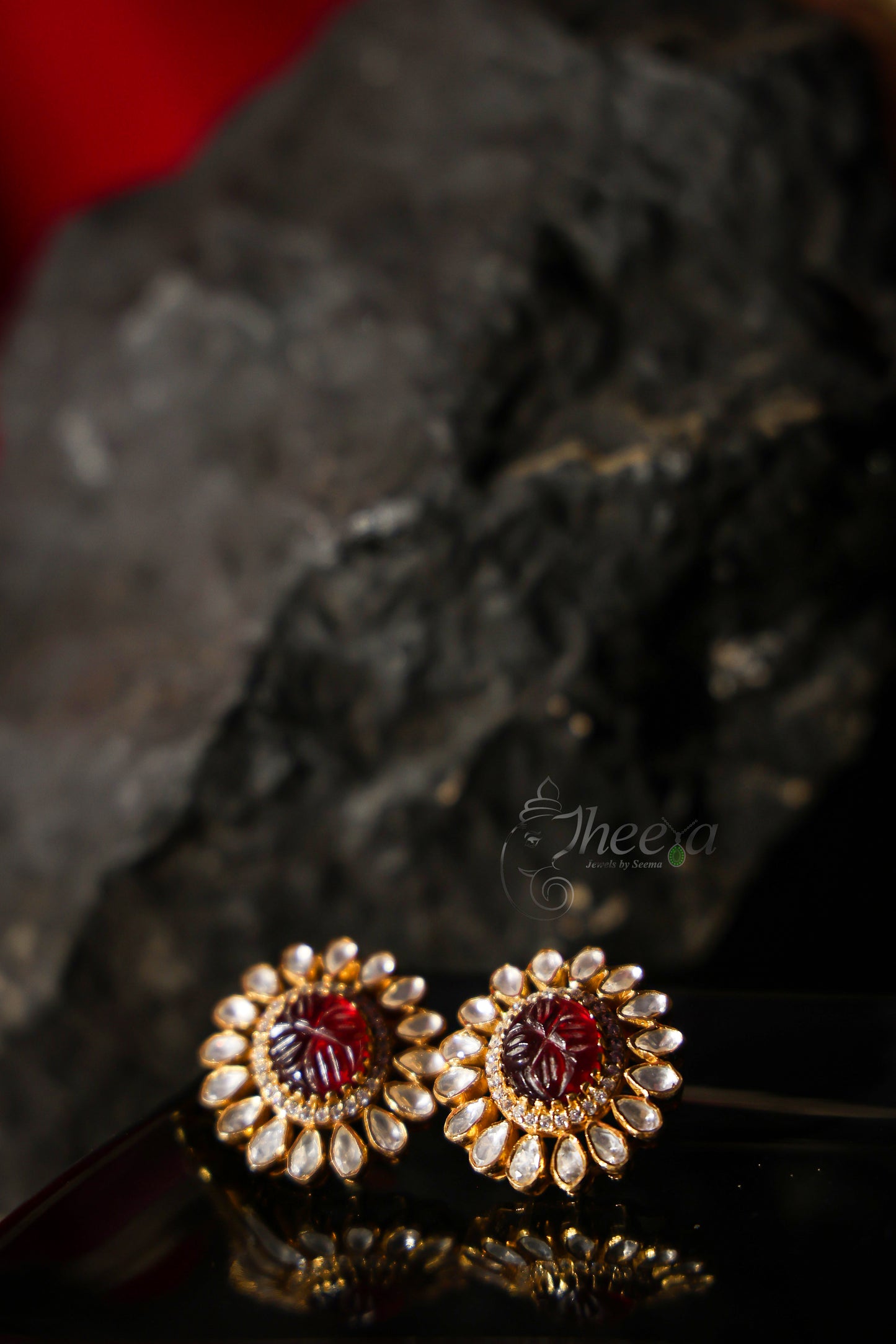 Carved Red with moissanite studs