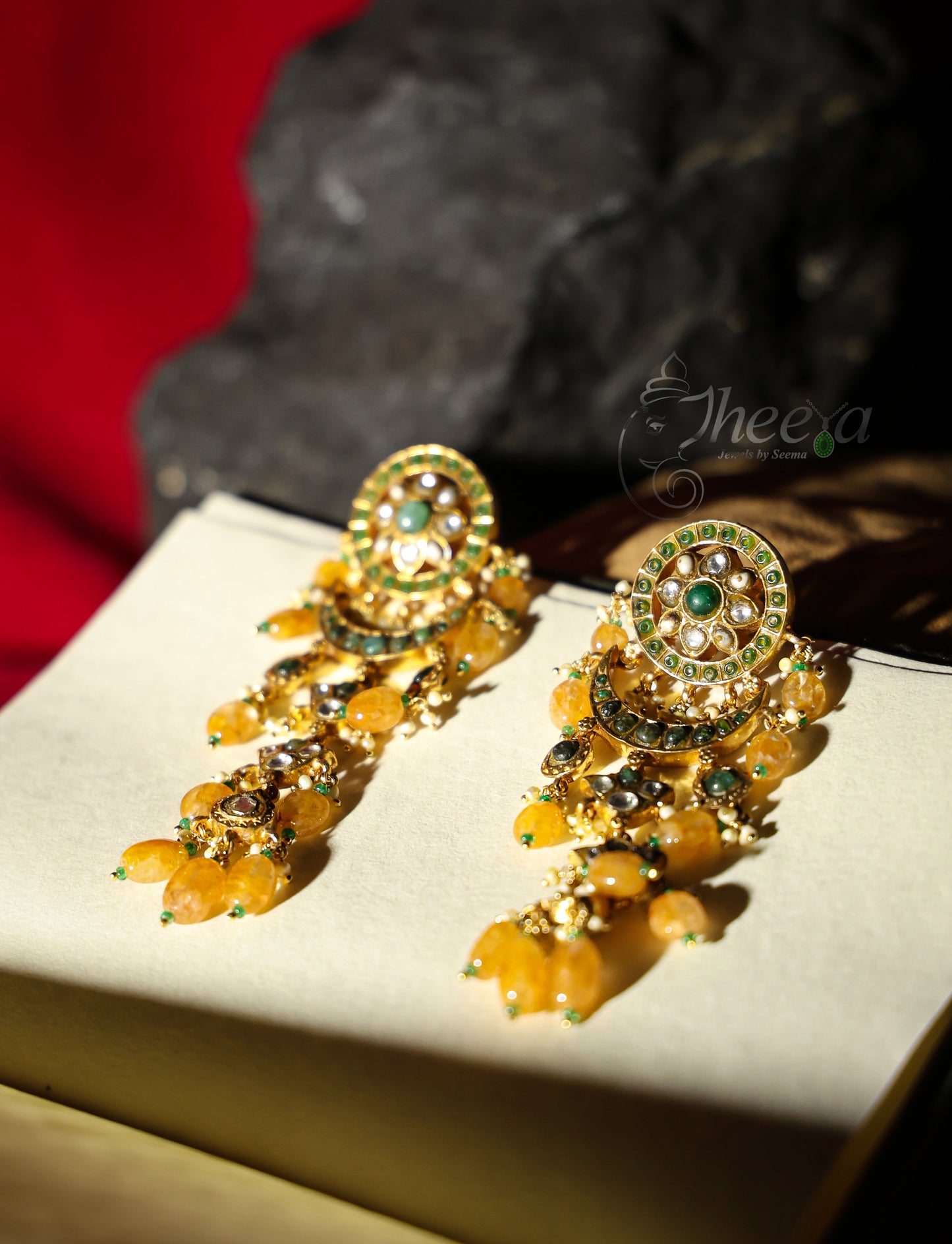 Long Yellow beads Jadao Kundan Earrings
