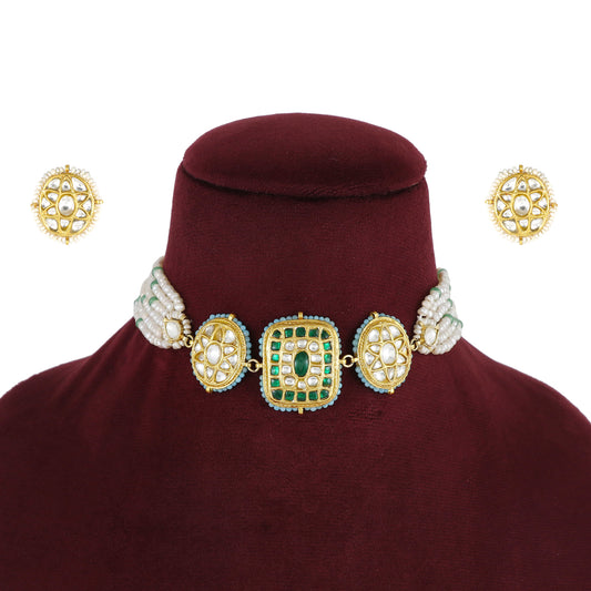 Jodha Grace Turquoise & Green Kundan Pearl Choker