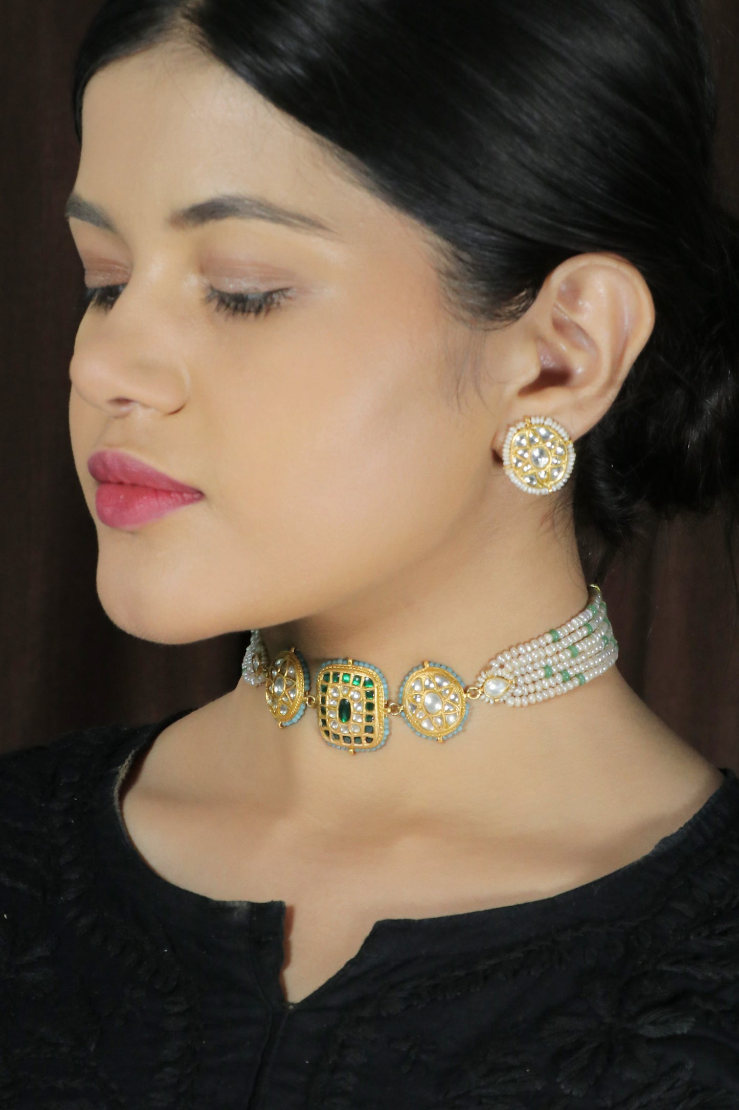 Turquoise and green Kundan Choker set Kundan choker set with Pearls