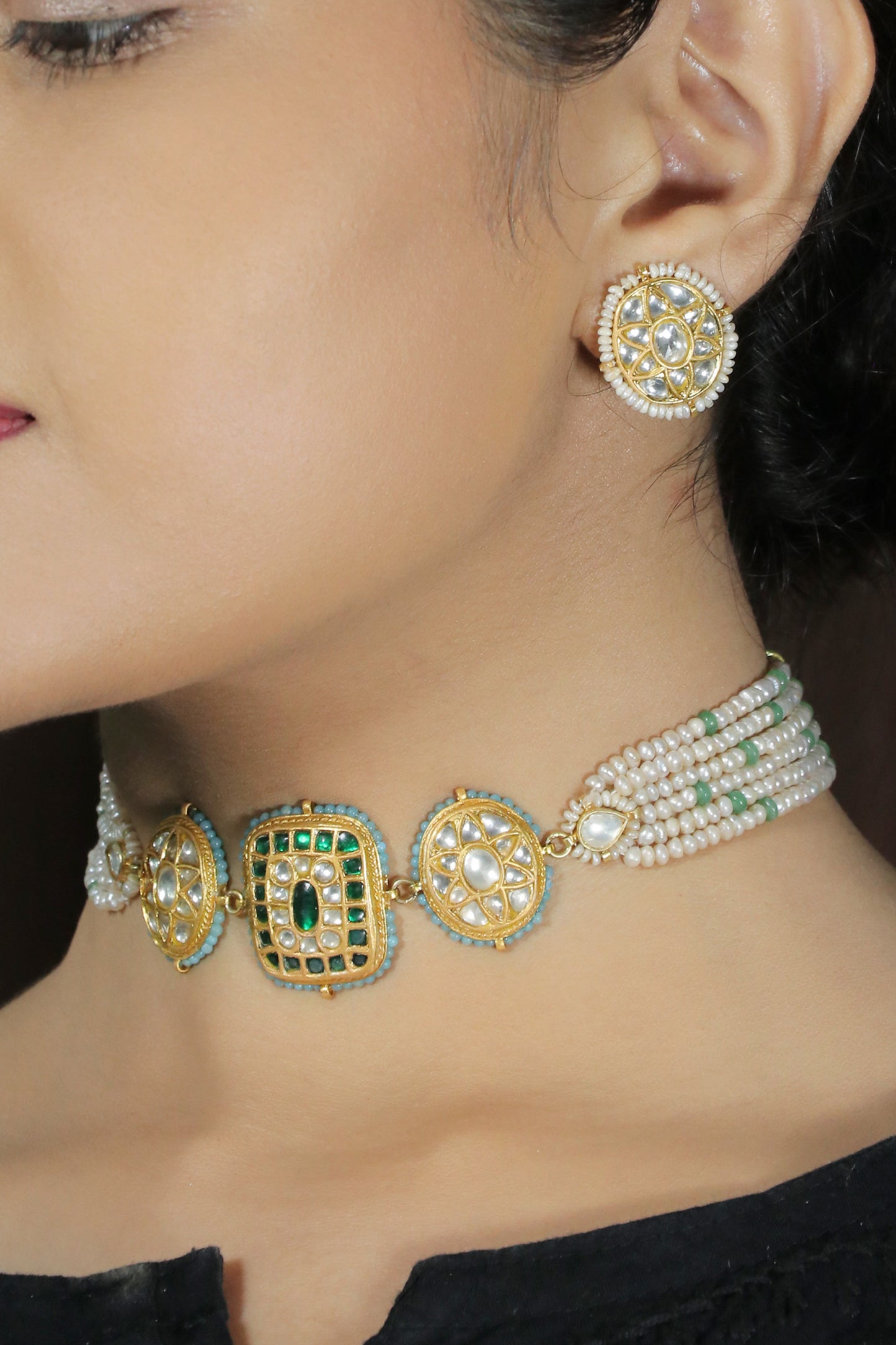Turquoise and green Kundan Choker set Kundan choker set with Pearls