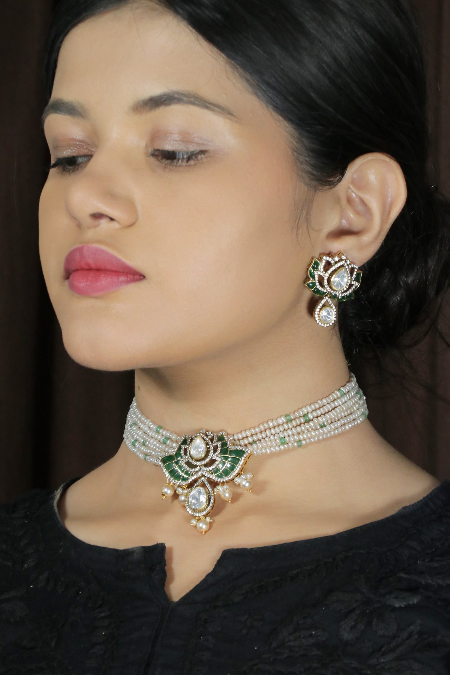 Green Lotus Moissanite and Kundan Choker set