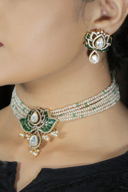Green Lotus Moissanite and Kundan Choker set
