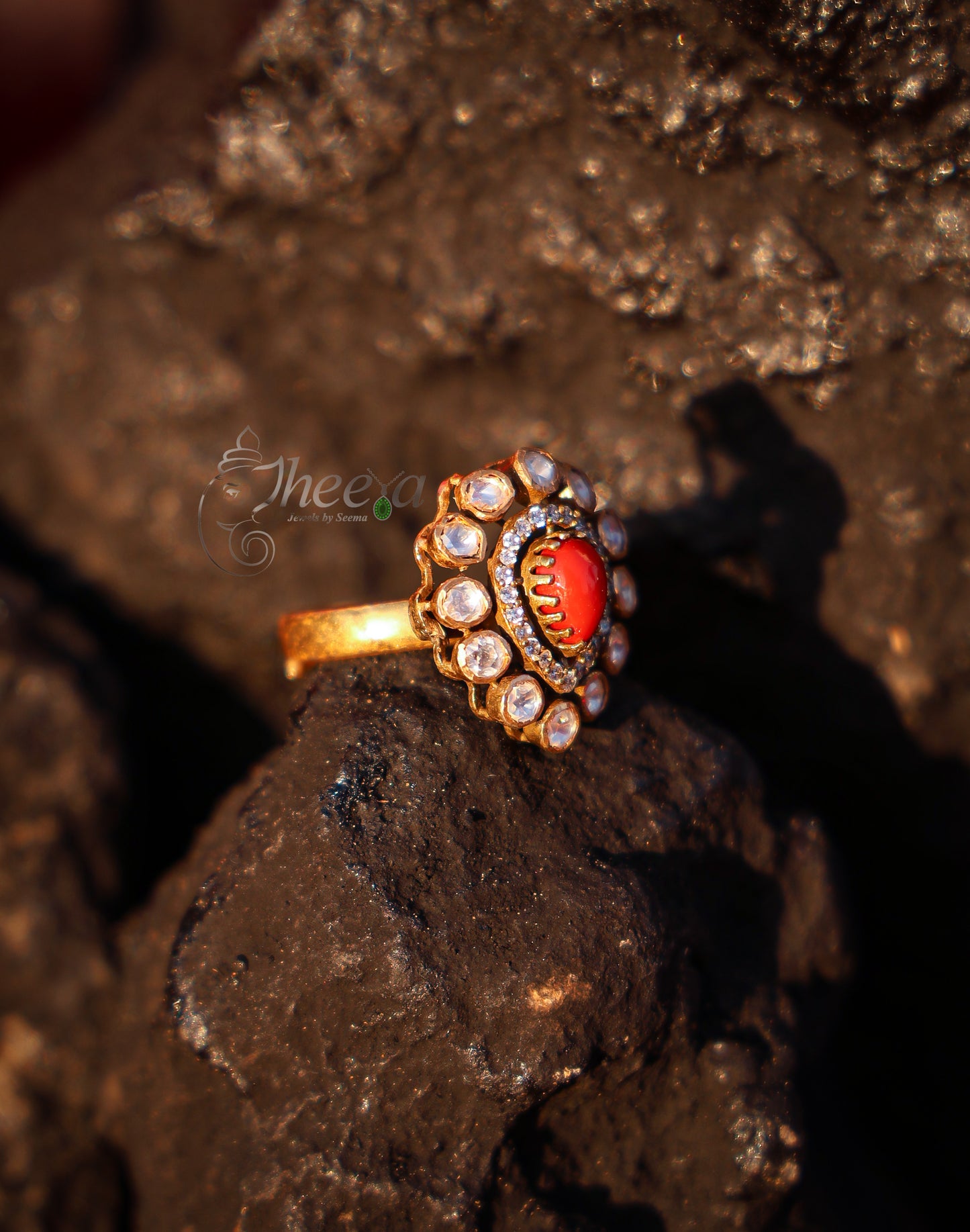 Coral with moissnaite Ring