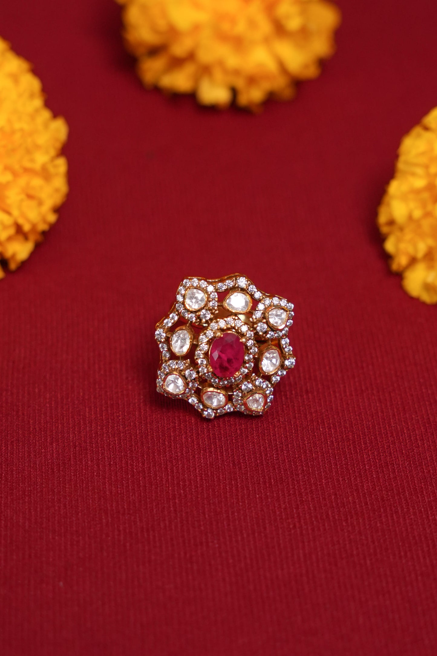 Moissanaite ring with red stone