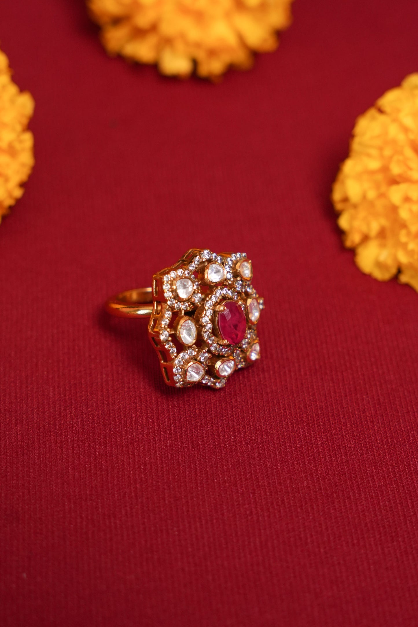 Moissanaite ring with red stone