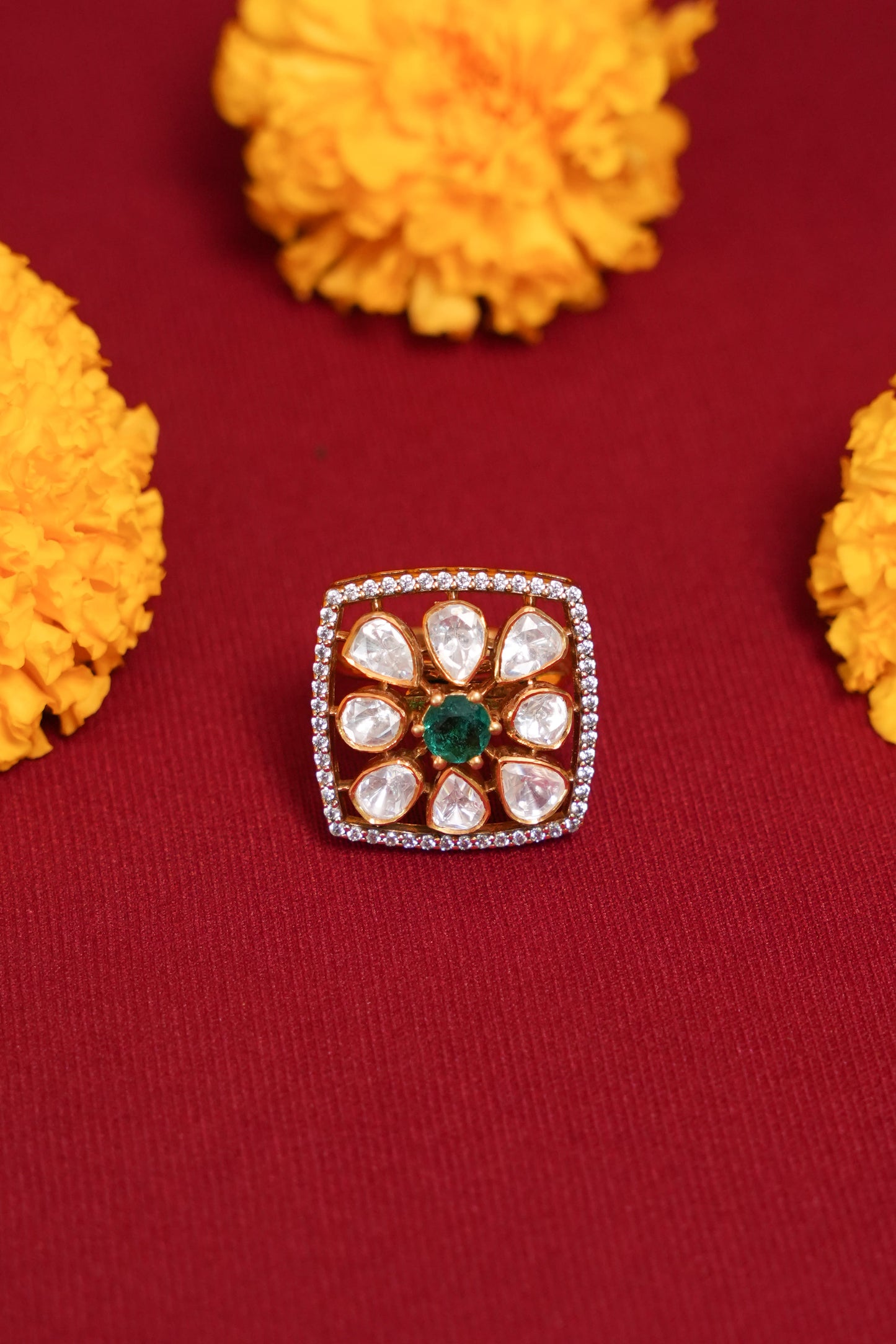 Square moissanite ring with green stone