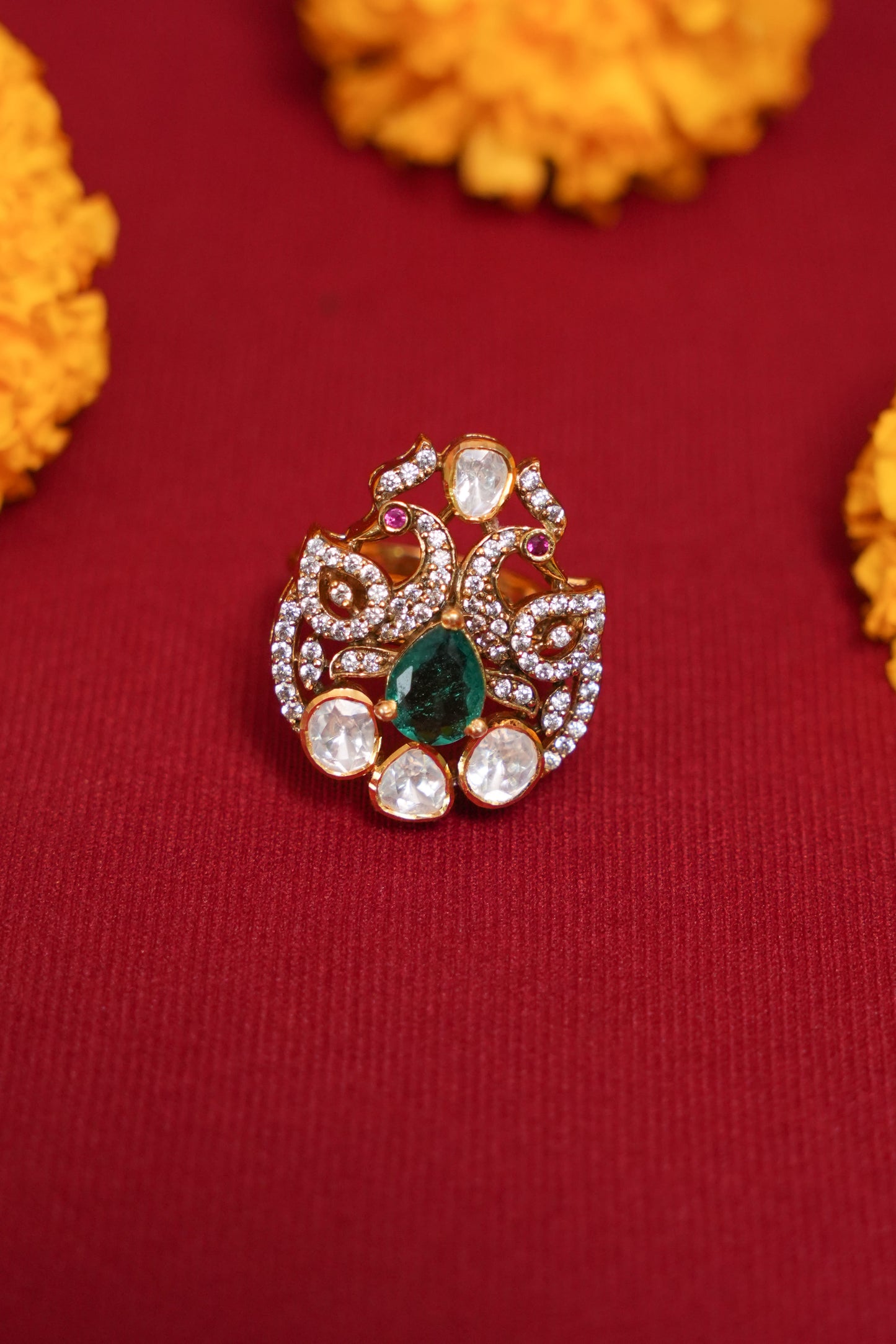 Peacock moissanite ring with green stone