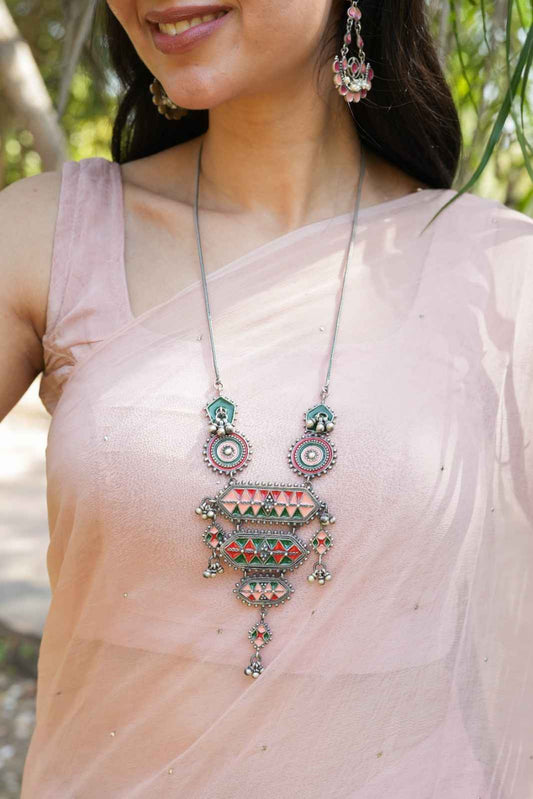 Vanya Long Red, green n Peach Necklace