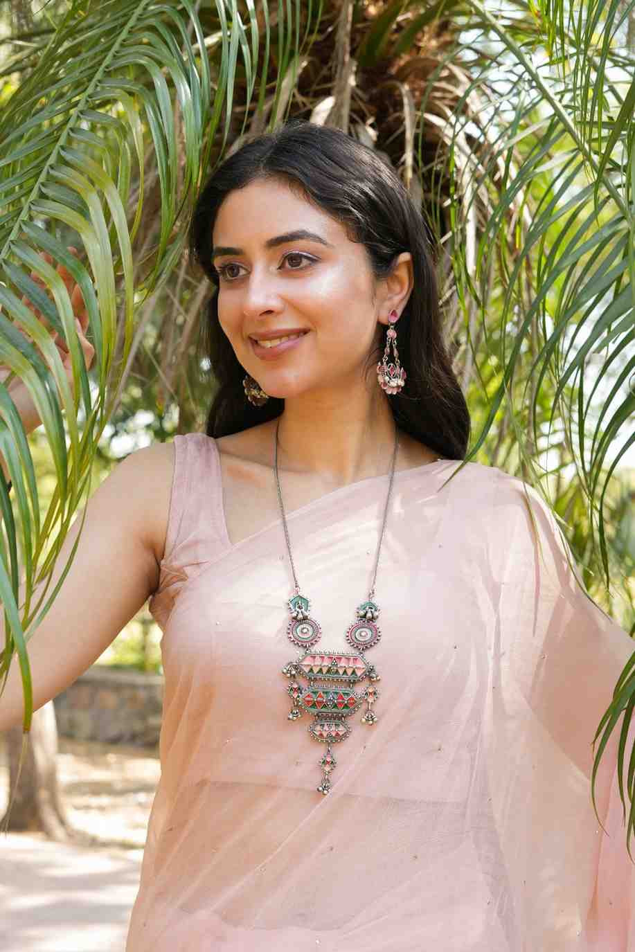 Vanya Long Red, green n Peach Necklace