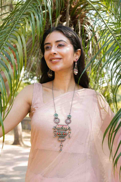 Vanya Long Red, green n Peach Necklace